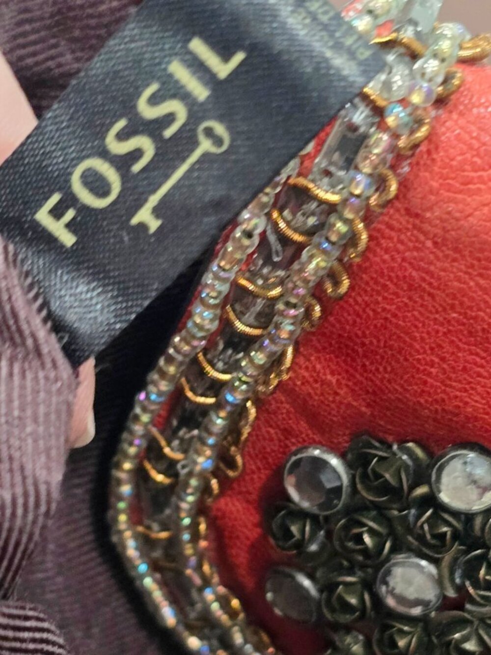 Fossil ✦ Red Leather Hand Beaded Clutch ✦ Rhinestone Accents Zip Closure 10" - Picture 7 of 10